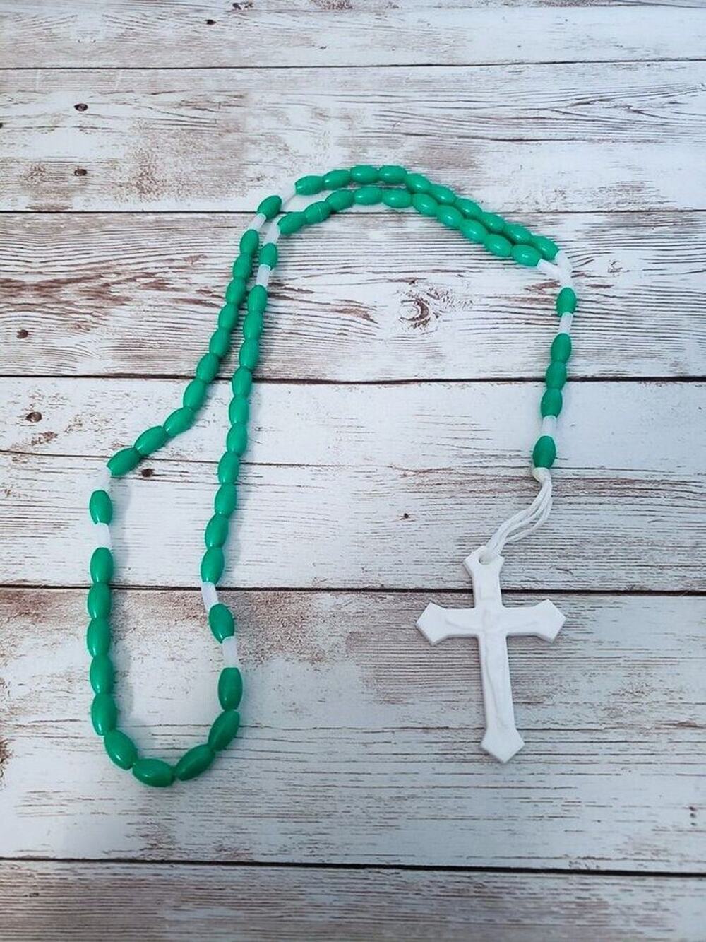 Green and White Rosary - Plastic